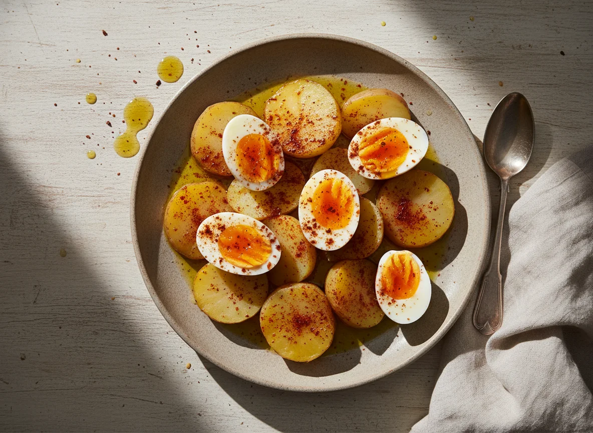 Patatas y huevos cocidos con pimentón photo