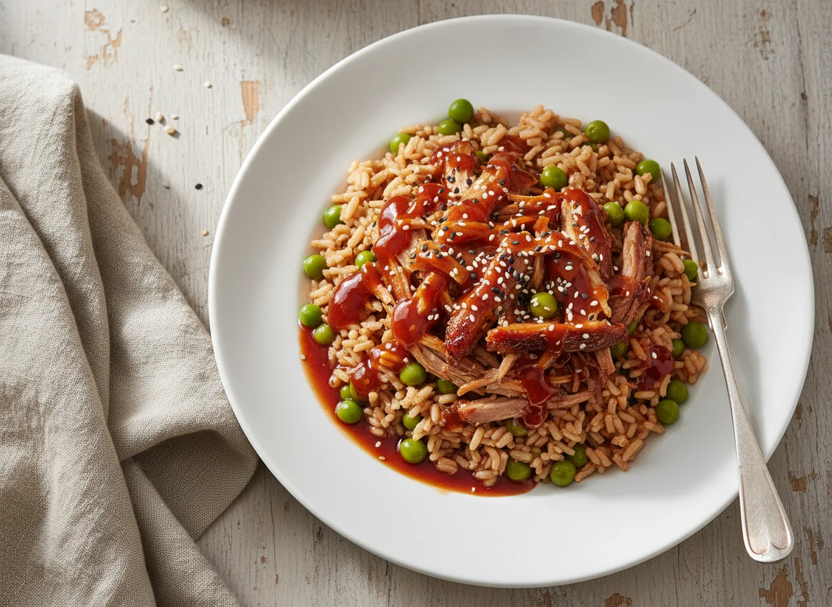 Pato con arroz y guisantes photo