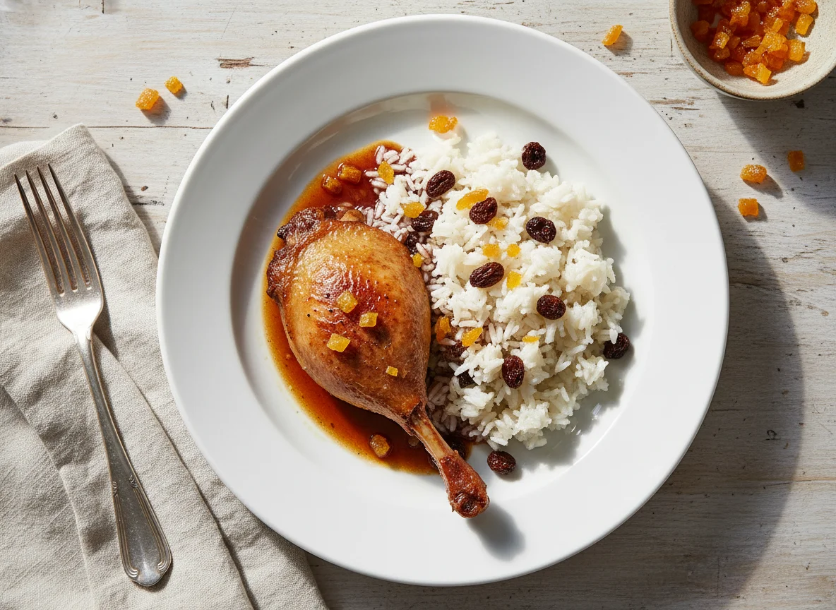 Pato confitado con arroz y pasas photo