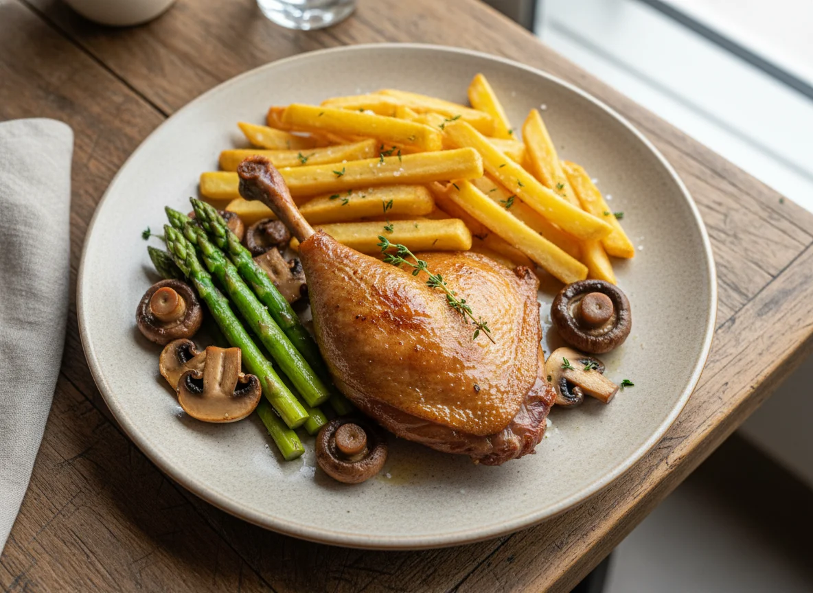 Pato confitado con patatas fritas, espárragos y champiñones photo