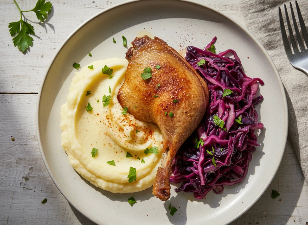 Pato Confitado con Puré de Papa y Repollo Morado photo
