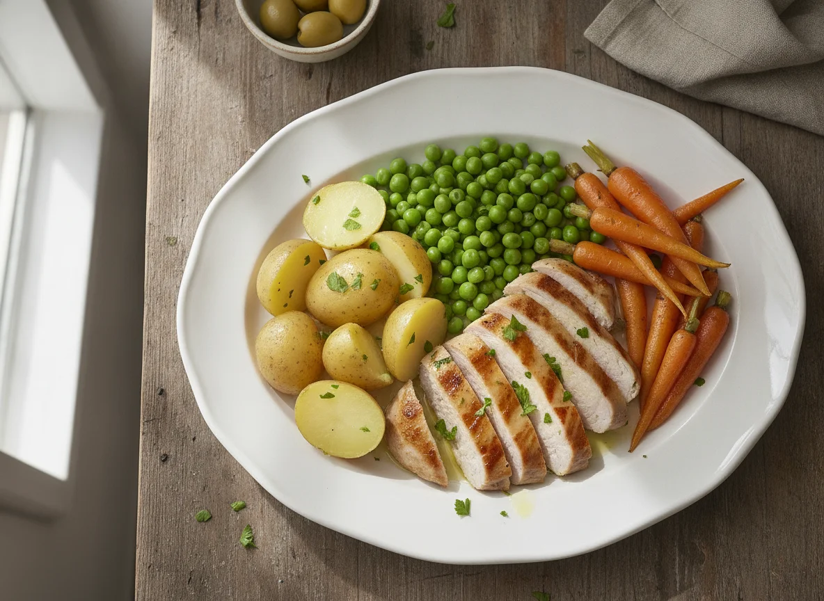 Pavo a la plancha con patatas cocidas, guisantes y zanahorias photo