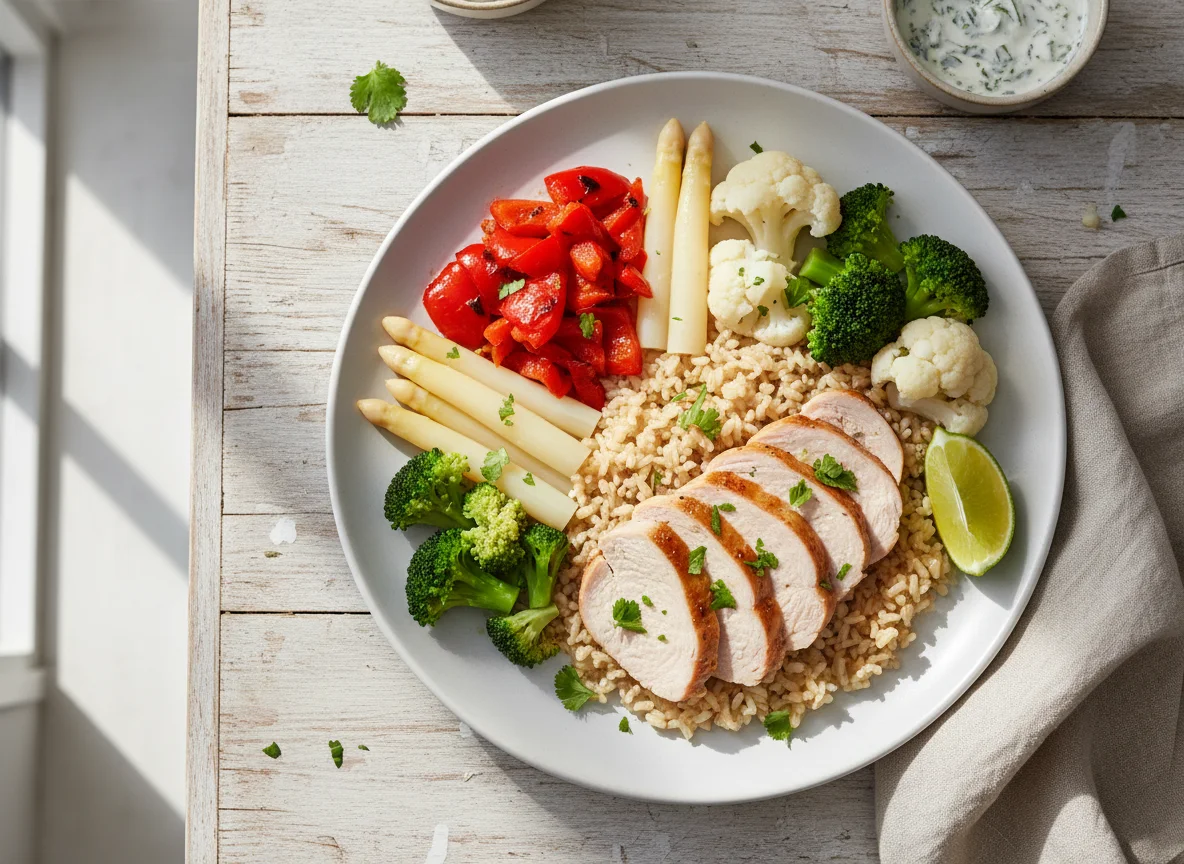 Pavo con arroz integral y verduras photo