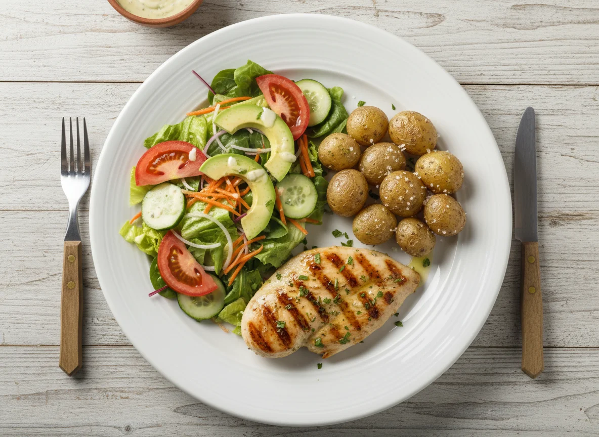 Pechuga a la plancha con ensalada y papa salada photo