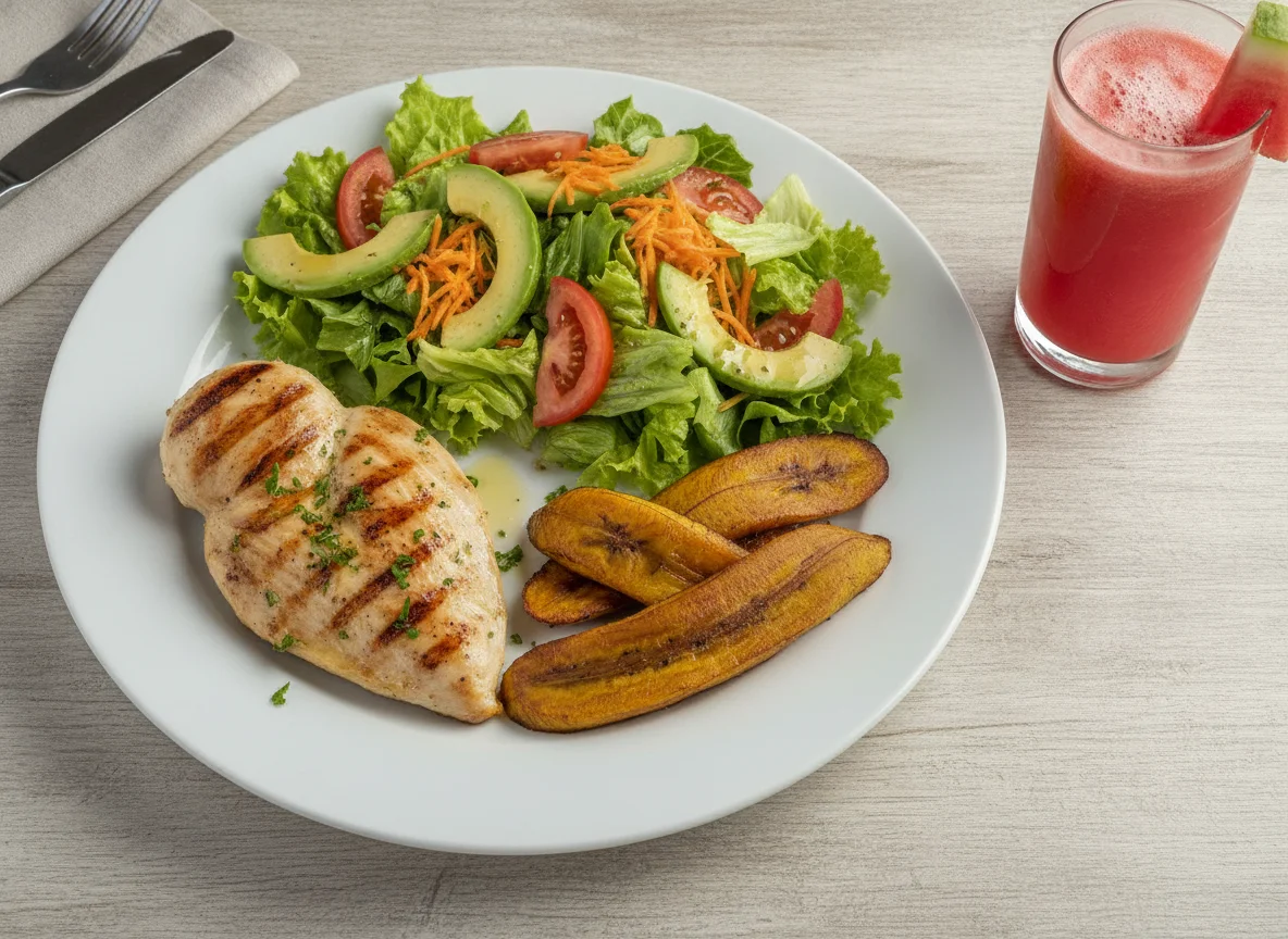 Pechuga a la plancha con ensalada y plátano maduro photo