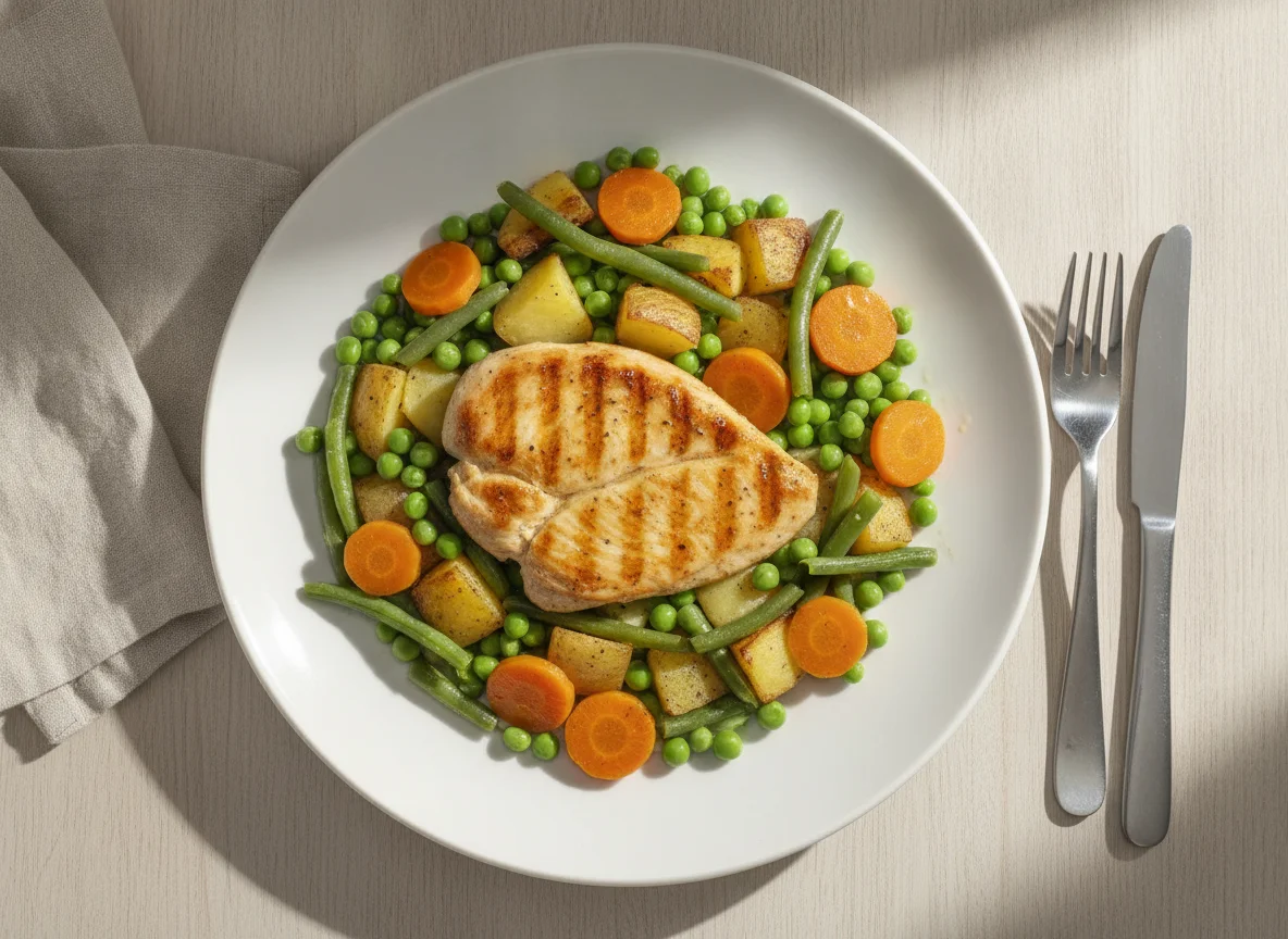 Pechuga de pavo a la plancha con menestra de verduras y patata photo
