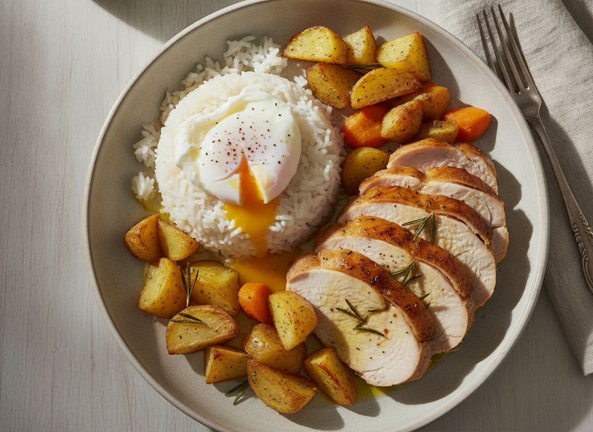 Pechuga de pavo asada con arroz y patatas photo