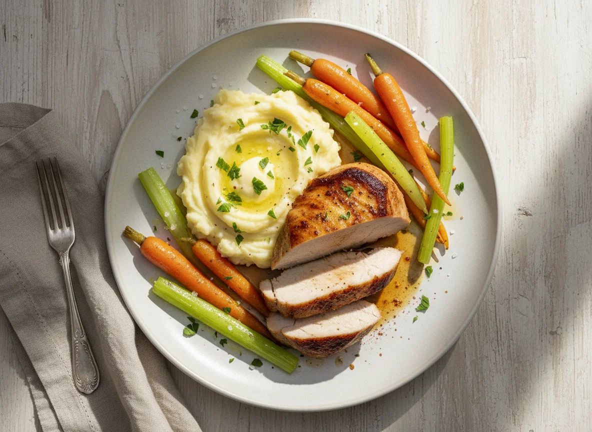 Pechuga de pavo con puré de papa y vegetales photo