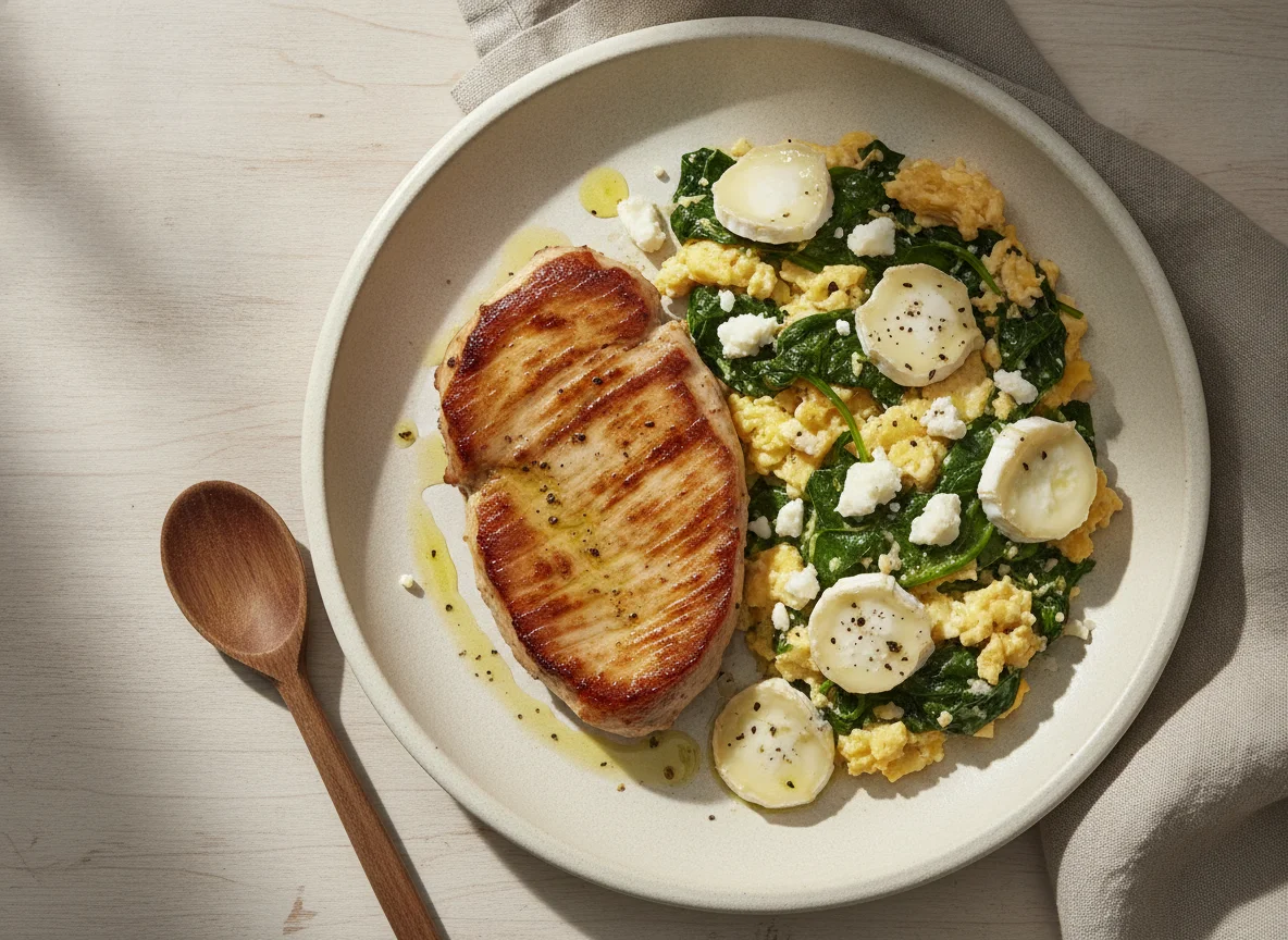 Pechuga de pavo con revuelto de espinacas y queso de cabra photo