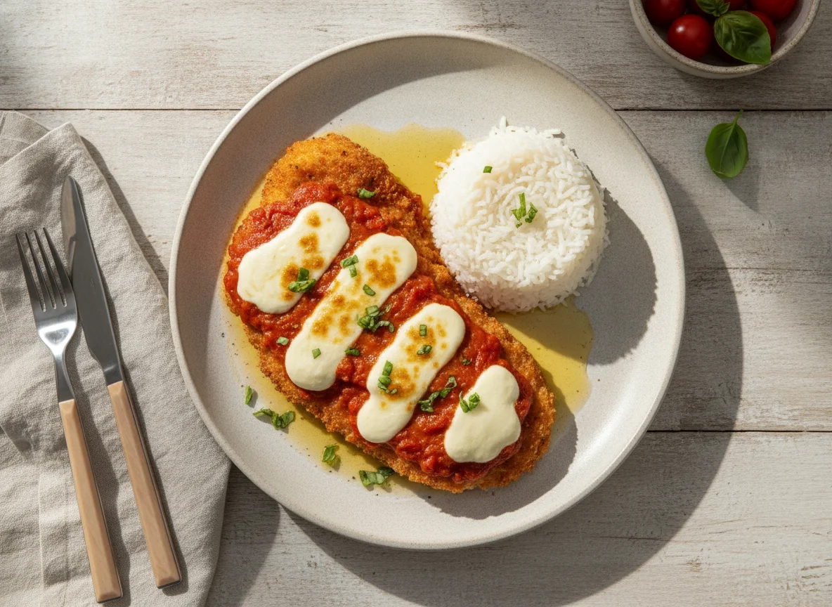 Pechuga de pollo a la napolitana con arroz photo