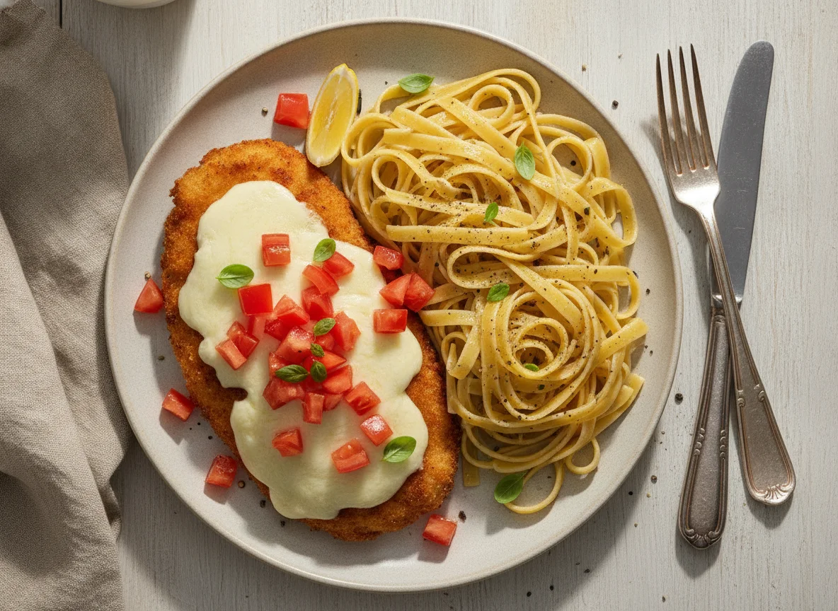 Pechuga de pollo a la napolitana con fettuccine photo