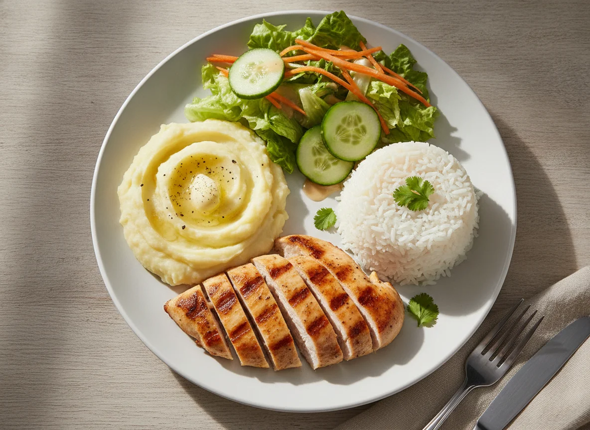Pechuga de pollo a la parrilla con arroz, ensalada y puré de papa photo