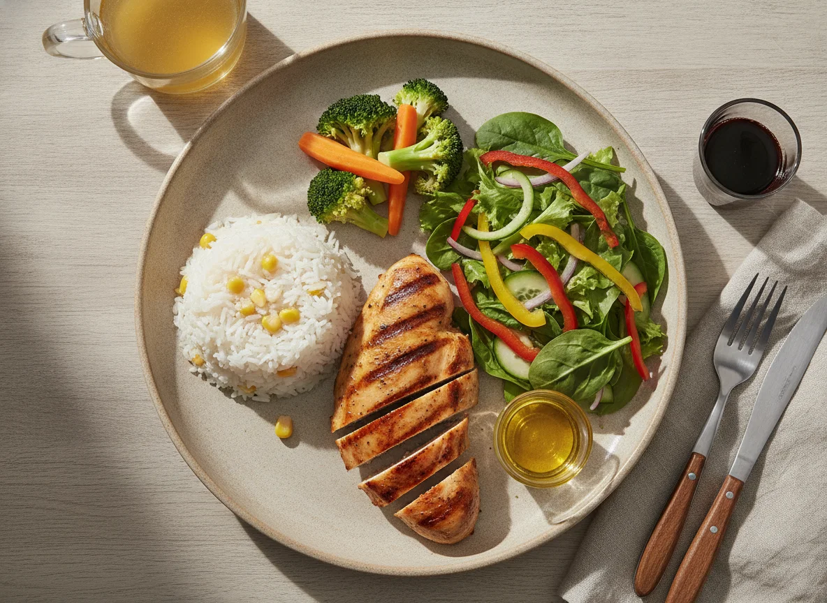 Pechuga de pollo a la parrilla con arroz y ensalada photo