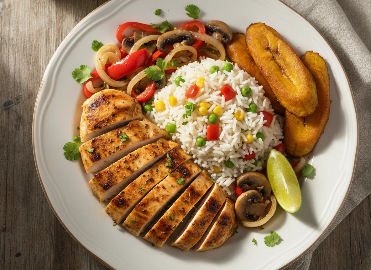 Pechuga de pollo a la parrilla con arroz y plátano maduro photo