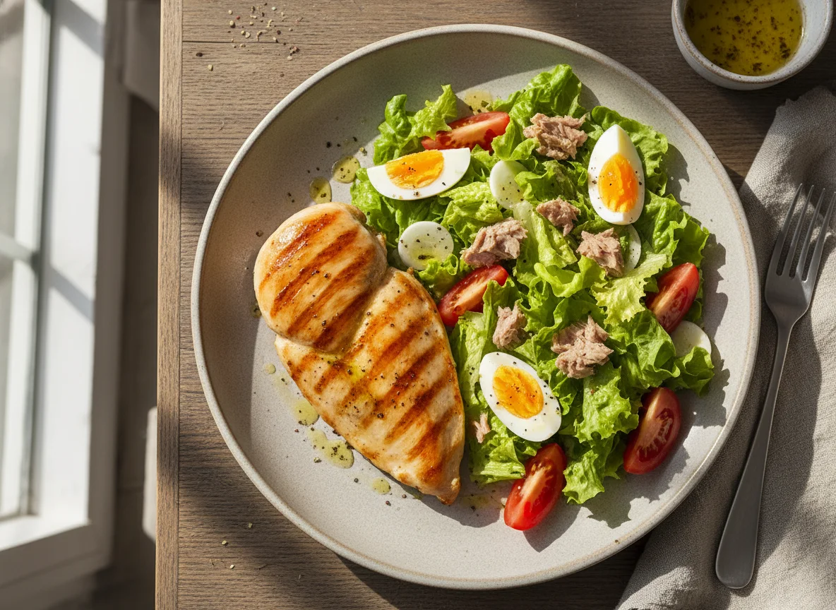 Pechuga de pollo a la parrilla con ensalada de atún y huevo photo