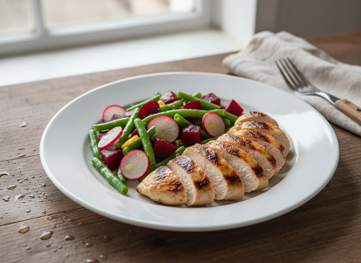 Pechuga de pollo a la parrilla con ensalada de remolacha, vainitas y rábano photo
