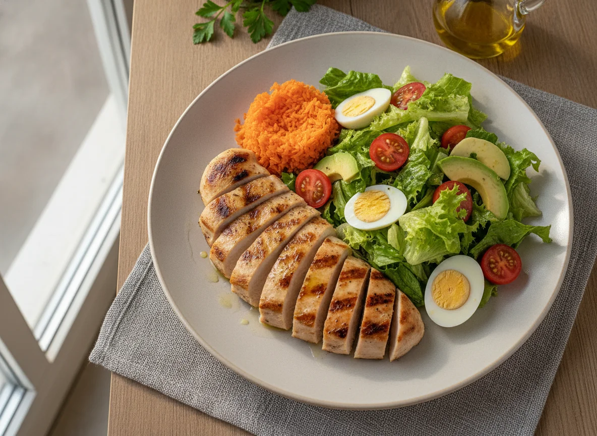 Pechuga de pollo a la parrilla con ensalada mixta photo