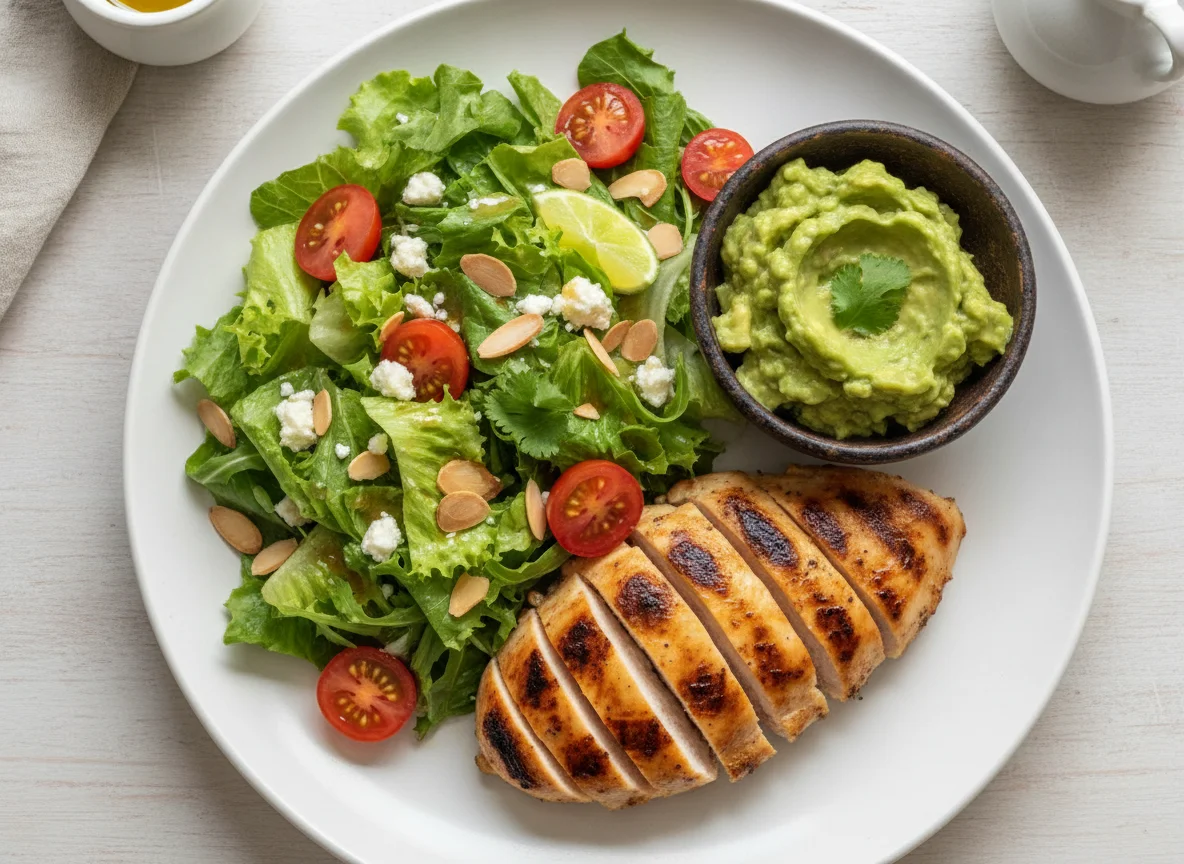 Pechuga de pollo a la parrilla con ensalada y guacamole photo