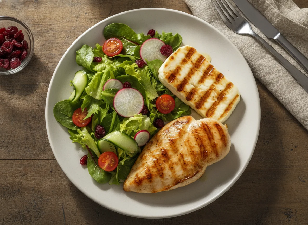 Pechuga de pollo a la parrilla con ensalada y queso asado photo