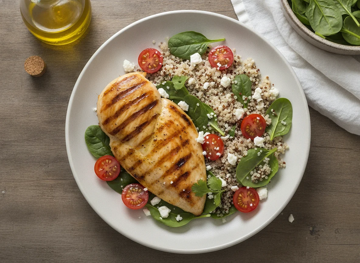 Pechuga de pollo a la parrilla con ensalada y quinoa photo