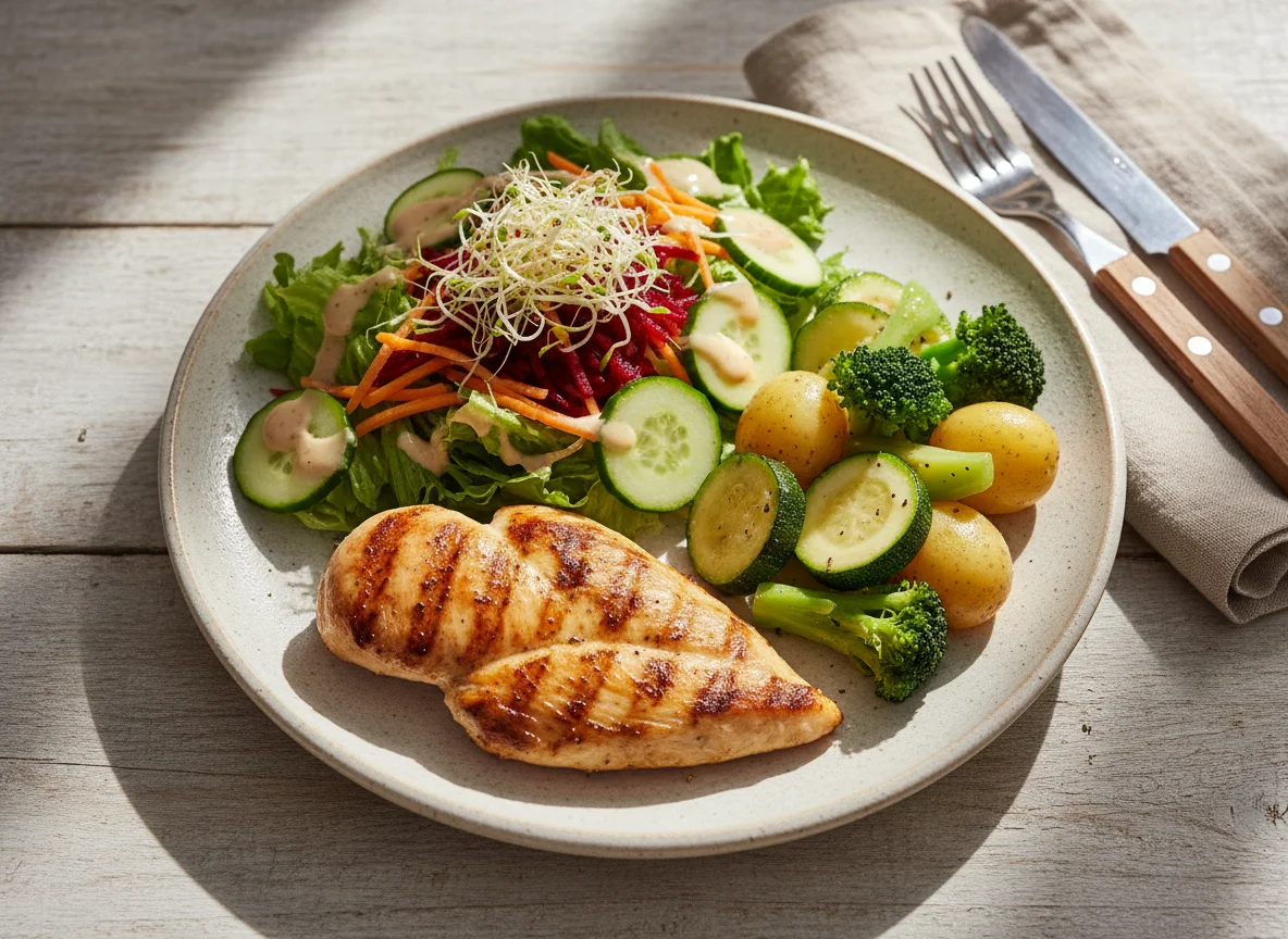 Pechuga de pollo a la parrilla con ensalada y vegetales al vapor photo