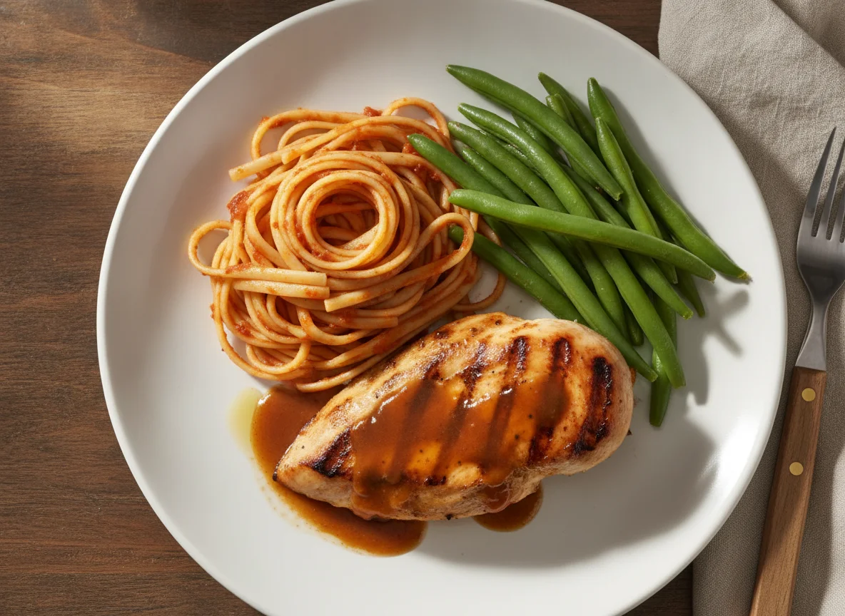 Pechuga de pollo a la parrilla con pasta y ejotes photo