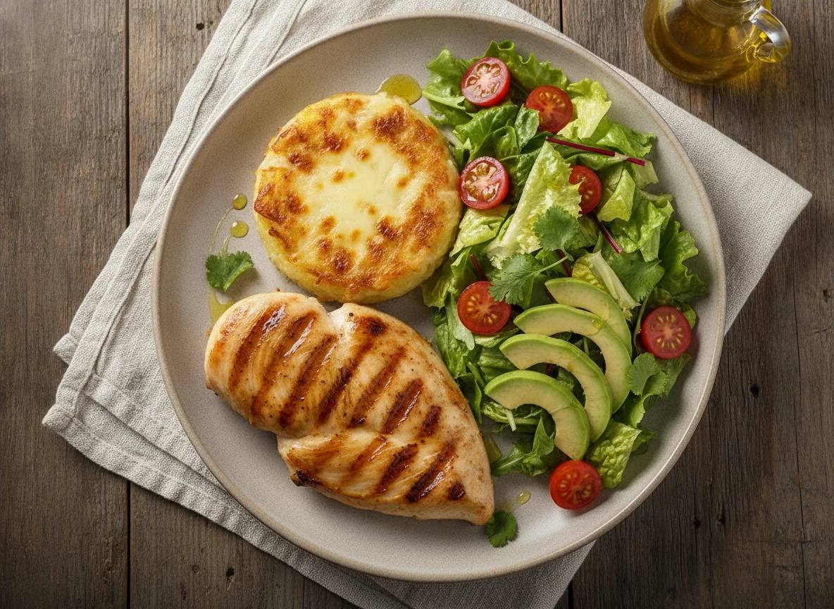 Pechuga de pollo a la parrilla con pastel de papa y ensalada photo