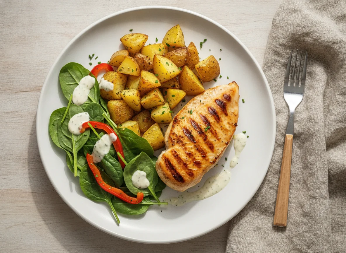 Pechuga de pollo a la parrilla con patatas asadas y ensalada de espinacas photo
