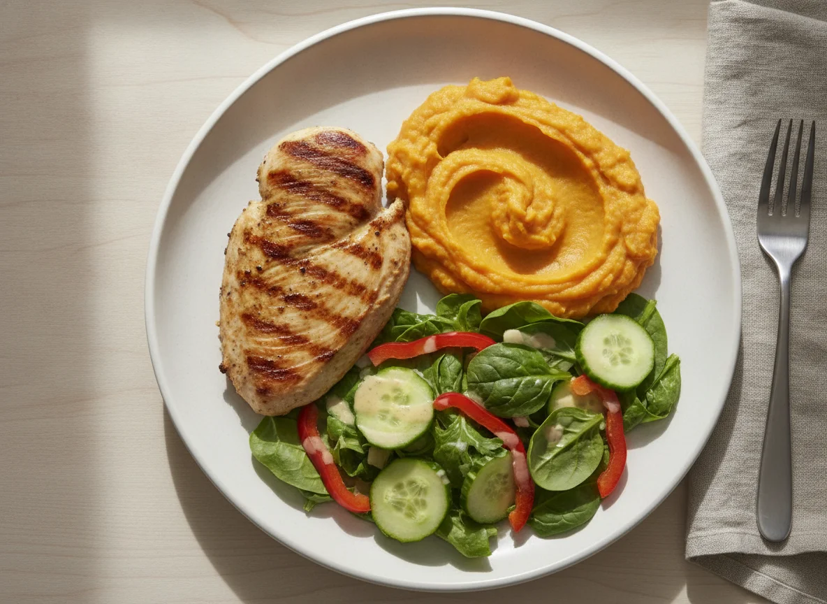 Pechuga de pollo a la parrilla con puré de camote y ensalada mixta photo
