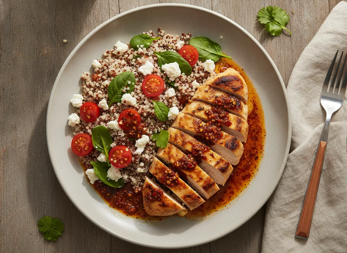 Pechuga de pollo a la parrilla con quinoa y ensalada photo