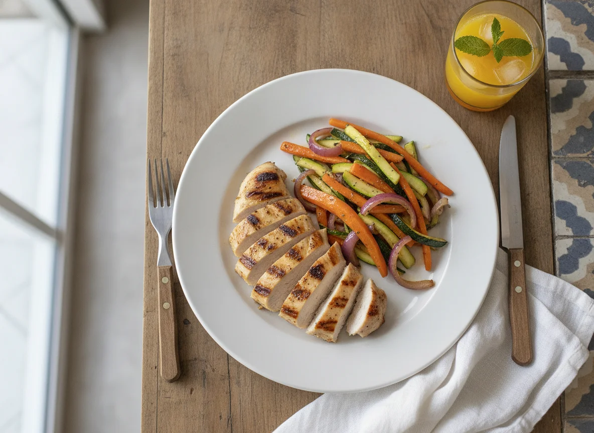 Pechuga de pollo a la parrilla con salteado de verduras y jugo de naranja photo