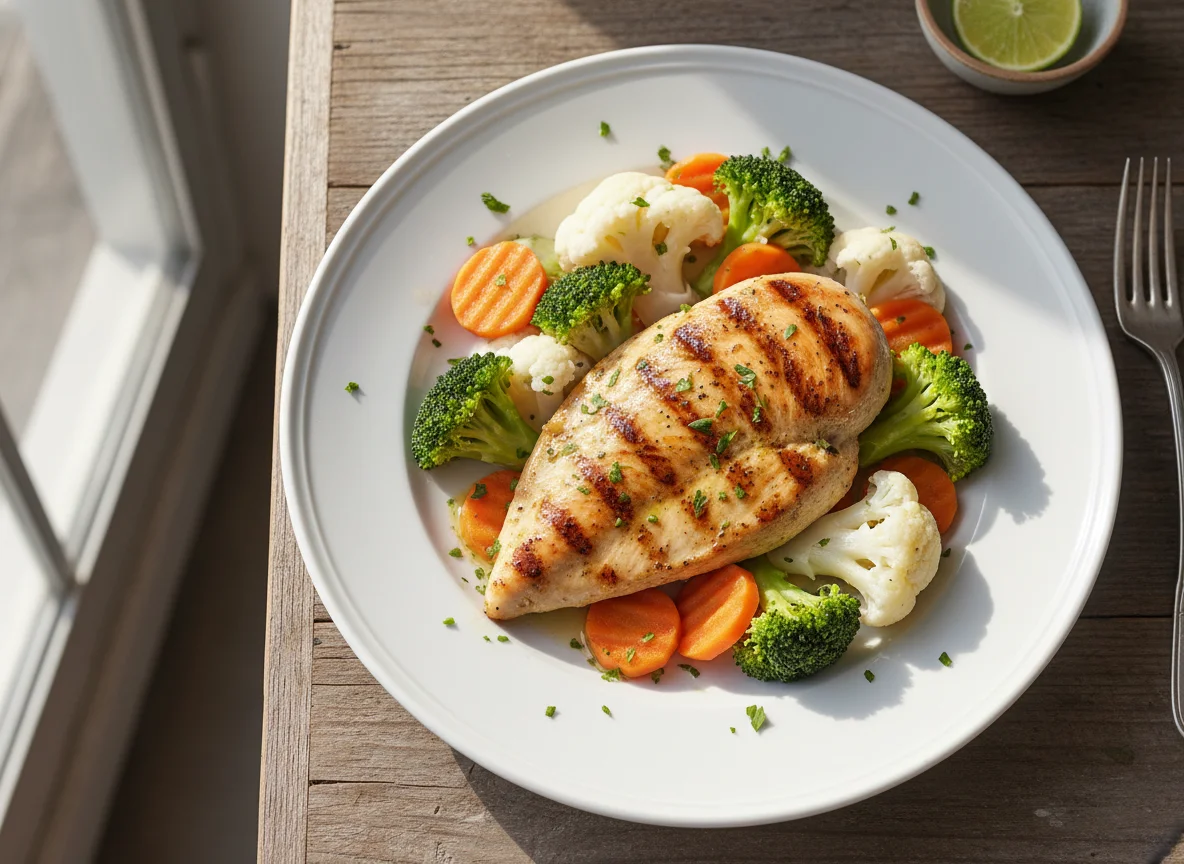 Pechuga de pollo a la parrilla con vegetales al vapor photo