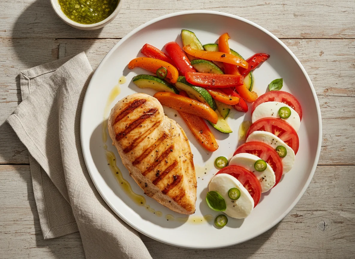 Pechuga de pollo a la parrilla con vegetales salteados y ensalada caprese photo