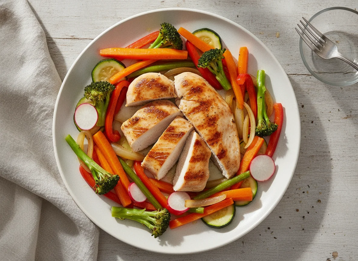 Pechuga de pollo a la parrilla con verduras salteadas photo