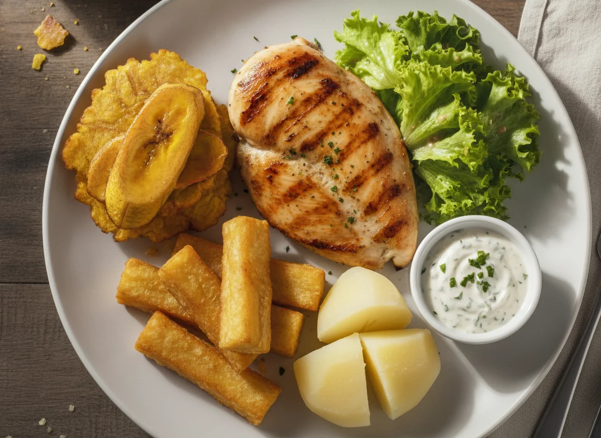 Pechuga de pollo a la plancha con acompañamientos típicos photo