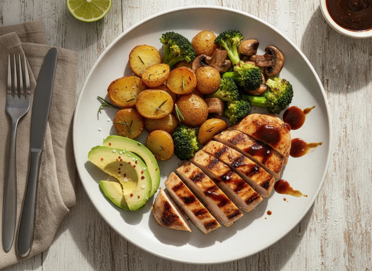 Pechuga de pollo a la plancha con aguacate, papas y brócoli photo