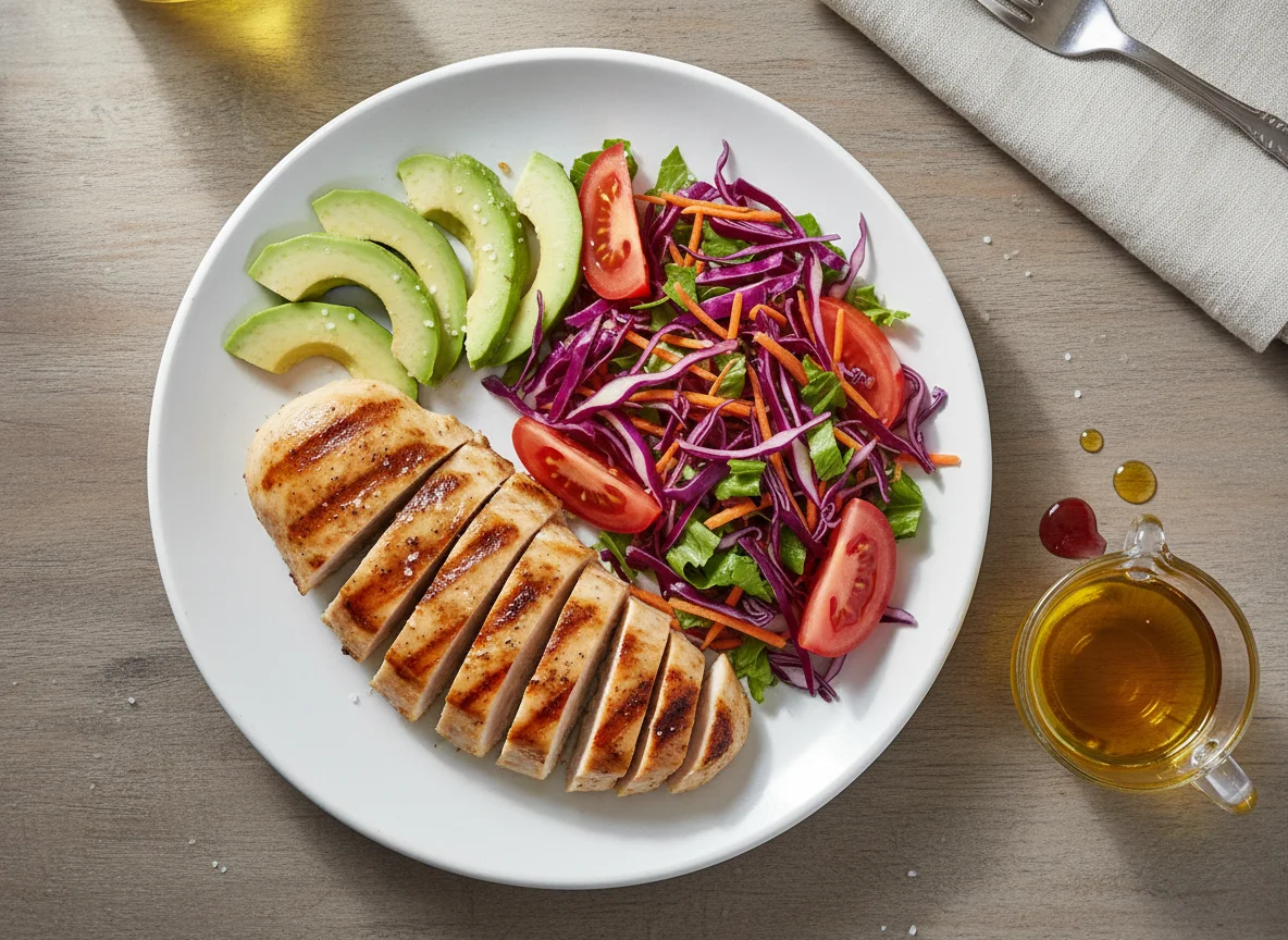 Pechuga de pollo a la plancha con aguacate y ensalada photo