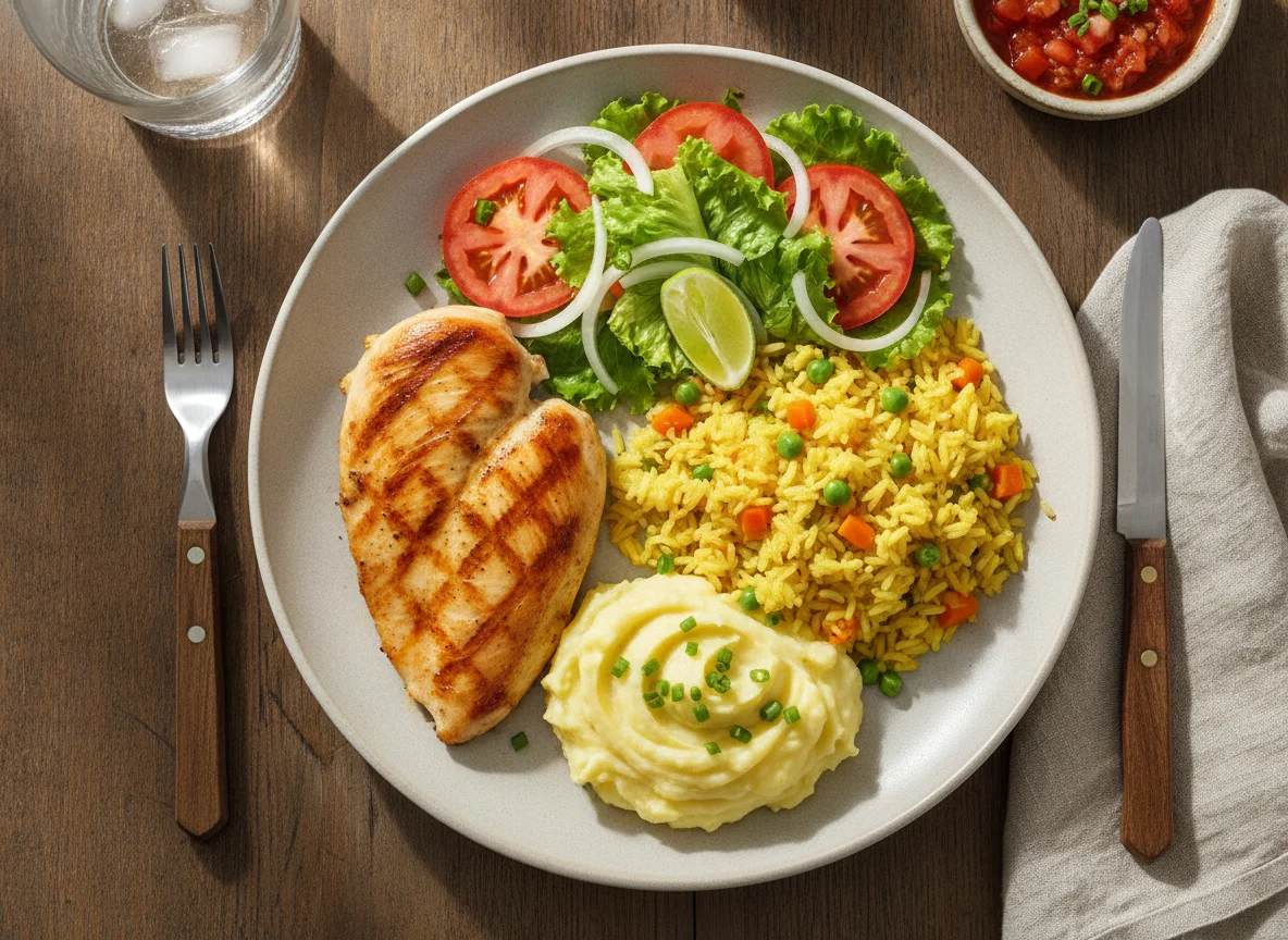 Pechuga de pollo a la plancha con arroz amarillo, puré de papas y ensalada photo