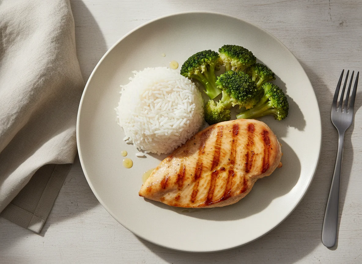 Pechuga de pollo a la plancha con arroz blanco y brócoli photo