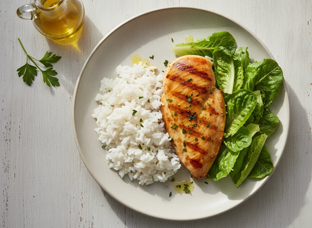 Pechuga de pollo a la plancha con arroz blanco y ensalada photo
