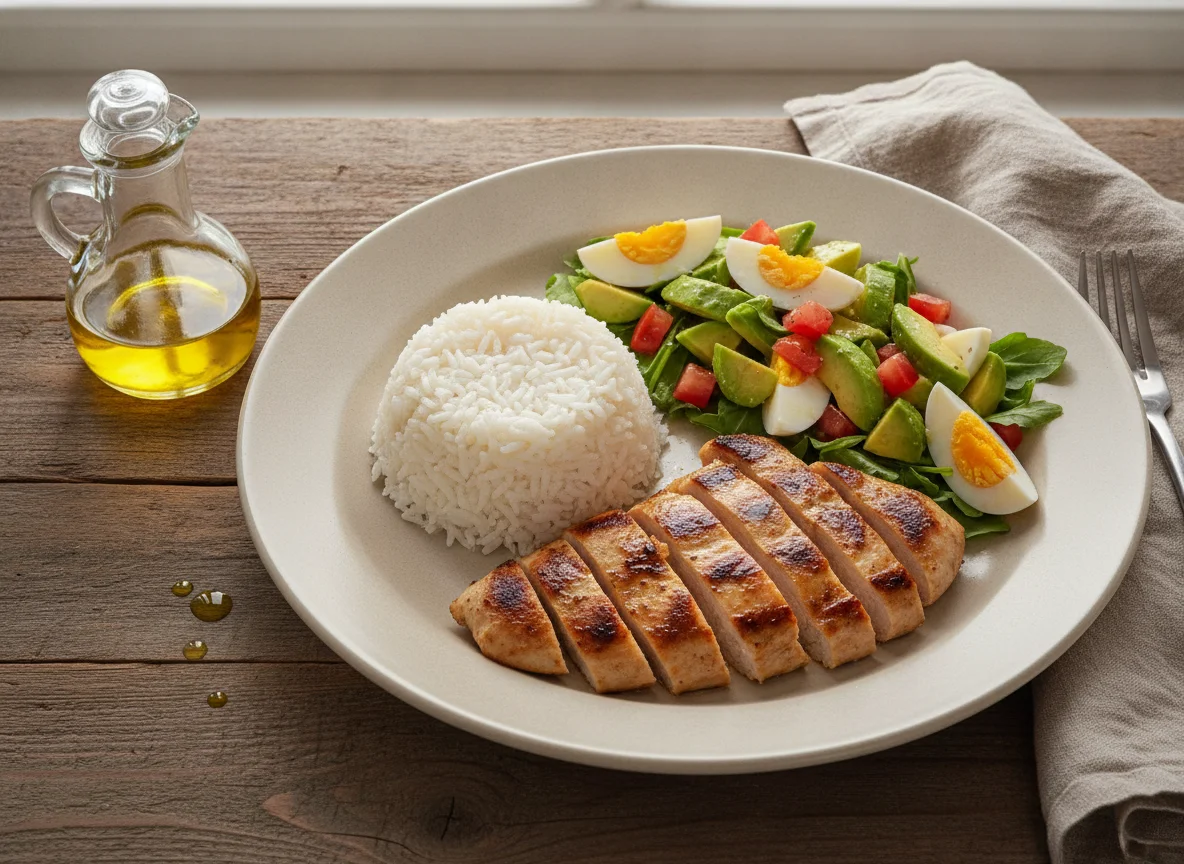 Pechuga de pollo a la plancha con arroz blanco y ensalada de aguacate y huevo photo