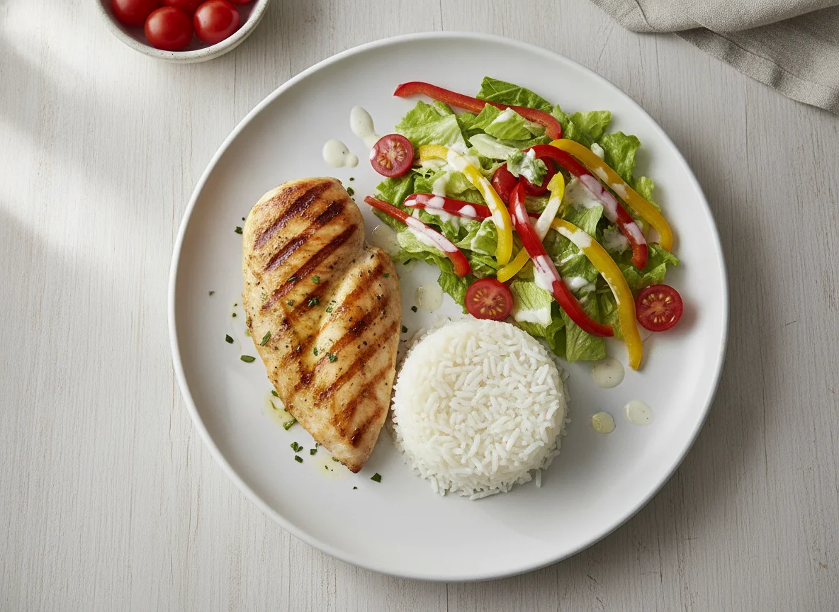 Pechuga de pollo a la plancha con arroz blanco y ensalada mixta photo