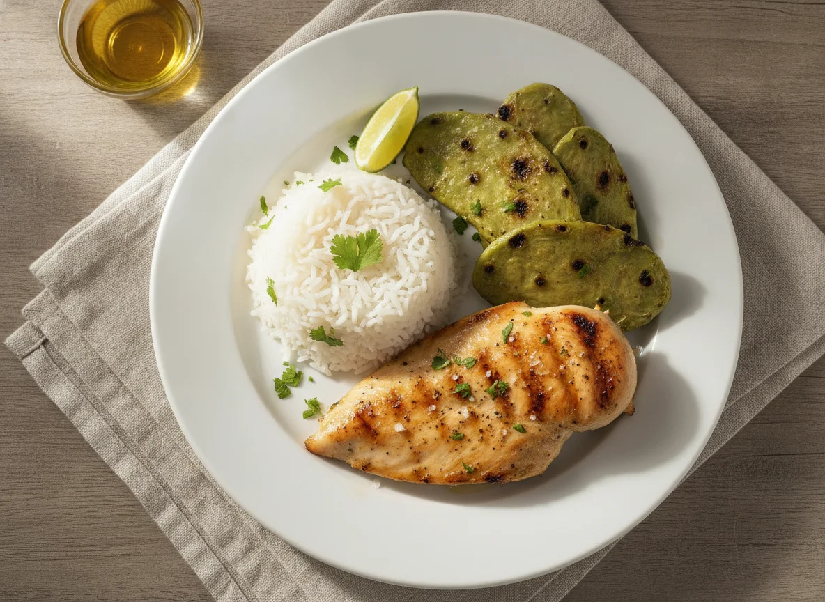 Pechuga de pollo a la plancha con arroz blanco y nopales photo
