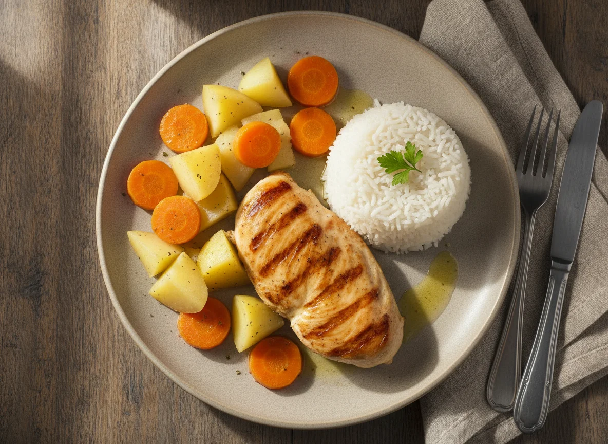 Pechuga de pollo a la plancha con arroz blanco y verduras photo