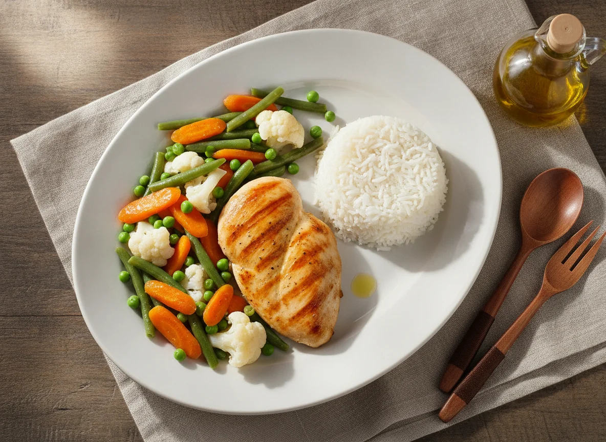 Pechuga de pollo a la plancha con arroz blanco y verduras al vapor photo