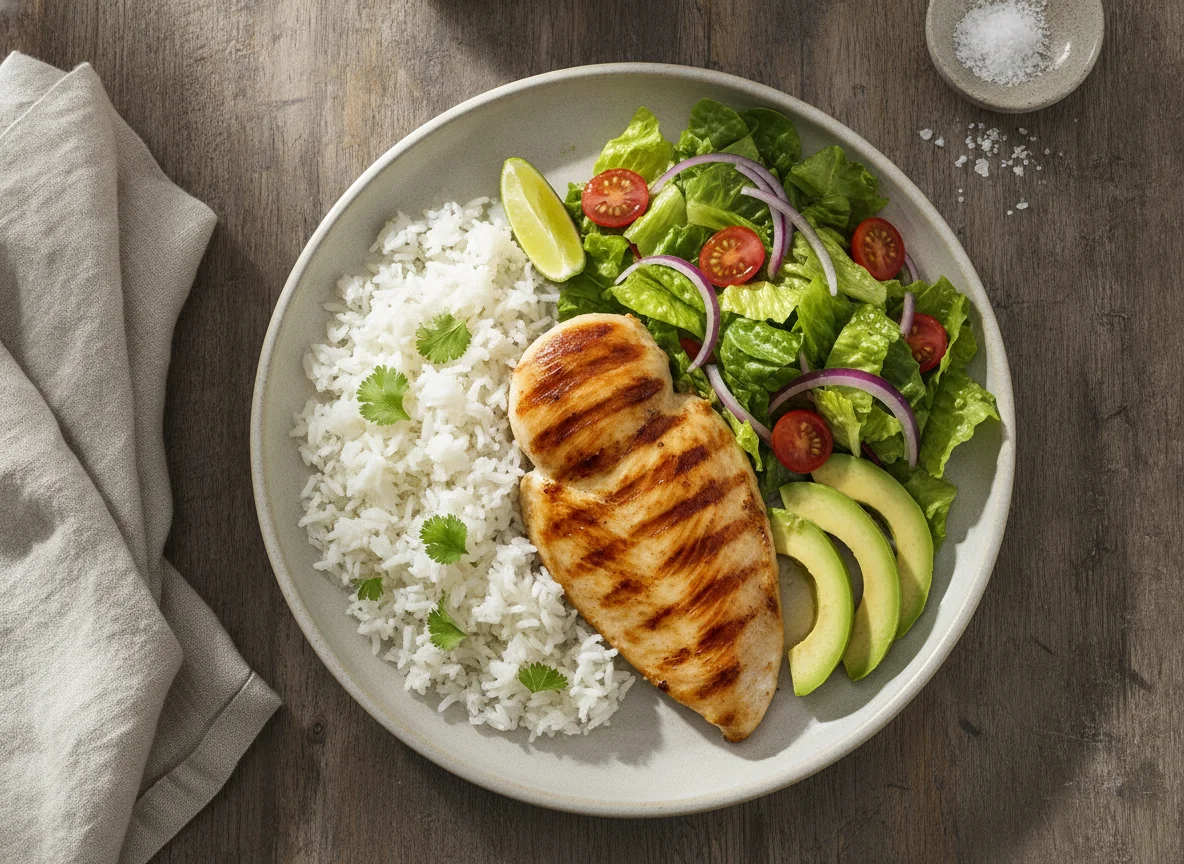 Pechuga de pollo a la plancha con arroz, ensalada y aguacate photo