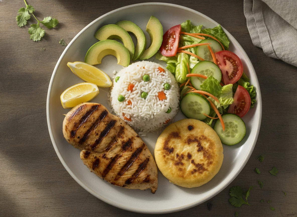 Pechuga de pollo a la plancha con arroz, ensalada y pupusa photo