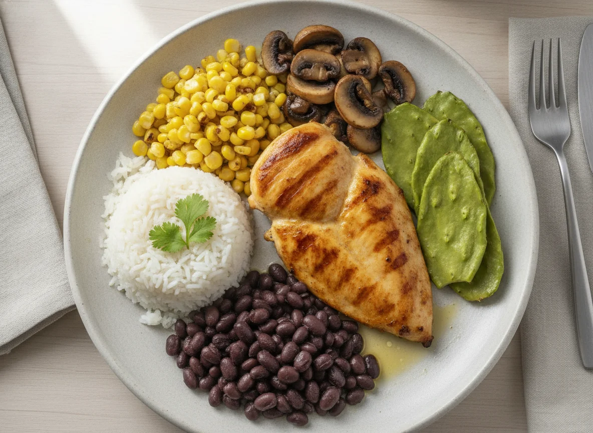 Pechuga de pollo a la plancha con arroz, frijoles, elote, champiñones y nopales photo