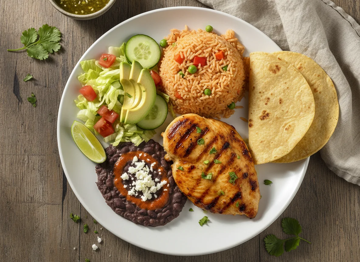 Pechuga de pollo a la plancha con arroz, frijoles y aguacate photo