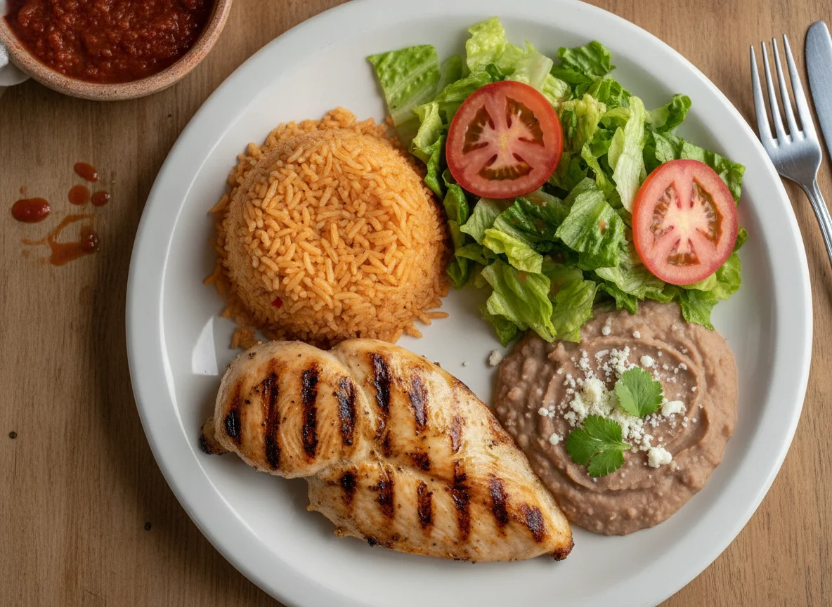 Pechuga de pollo a la plancha con arroz, frijoles y ensalada photo